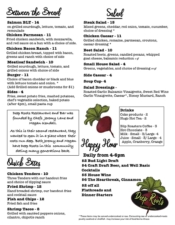 Menu Deep Roots For its part, the restaurant seems to be taking it seriously, saying it closed down the location for 3 days to thoroughly review its compliance with procedures and retrain its store team. it then tried delivering a testimonial. menu deep roots