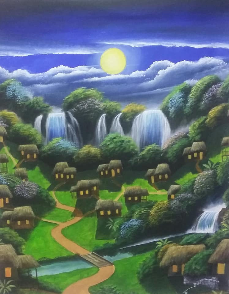 Enchanting painting of moonrise over a village waterfall - Experience the mesmerizing beauty of nature's embrace. Explore the tranquility and serenity of this picturesque rural setting. Click to immerse yourself in the captivating artwork.