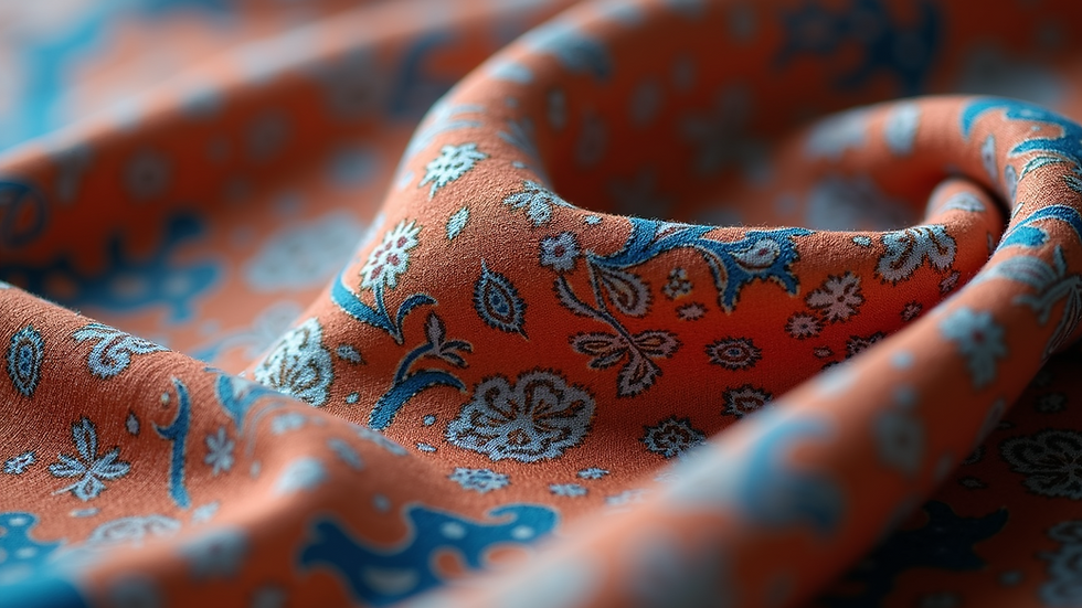 Close-up view of a handmade silk scarf with intricate patterns
