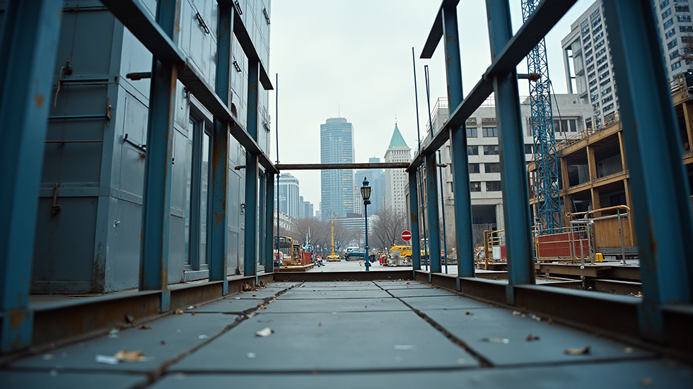 Eye-level view of a modern steel structure under construction