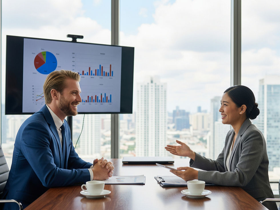 A man and women talking inside a room.