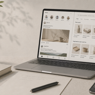 mesa  com laptop, celular, alexa, caderno e vaso, cores claras