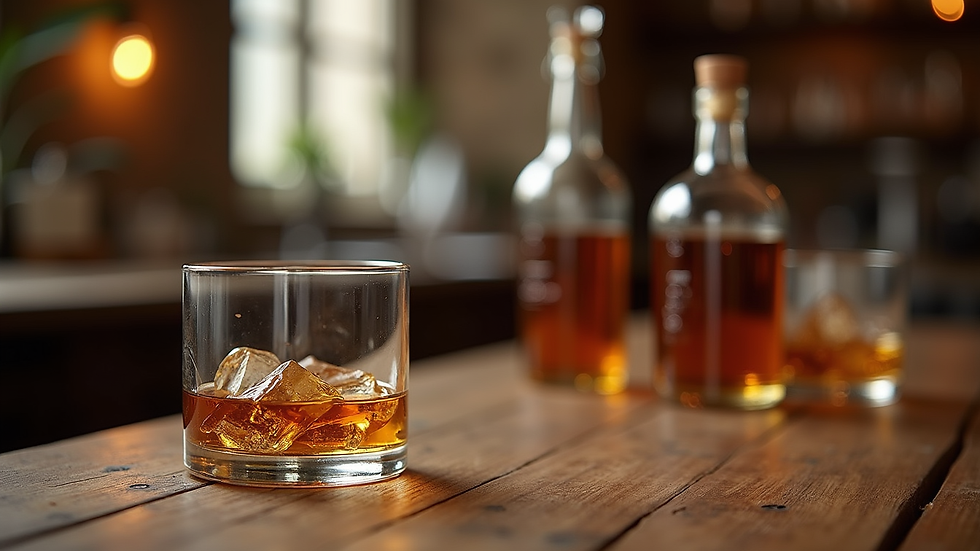 Vue rapprochée d'une table de dégustation avec verres de whisky et bouteilles
