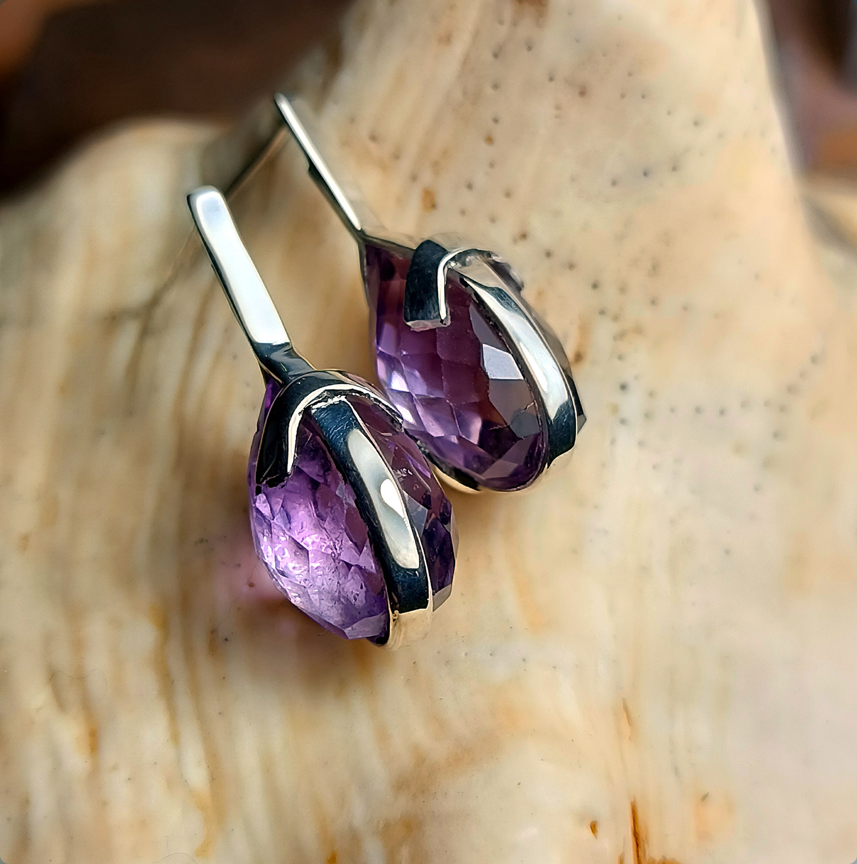 F Amethyst Drop Earrings Sterling Silver 925°
