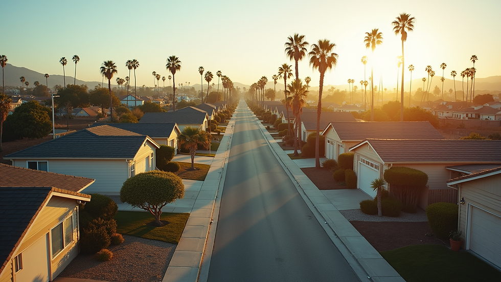 High angle view of a Southern California neighborhood with rental homes and palm trees