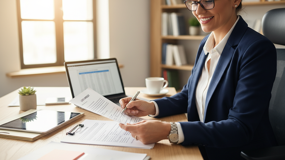 Close-up view of a property manager reviewing rental documents