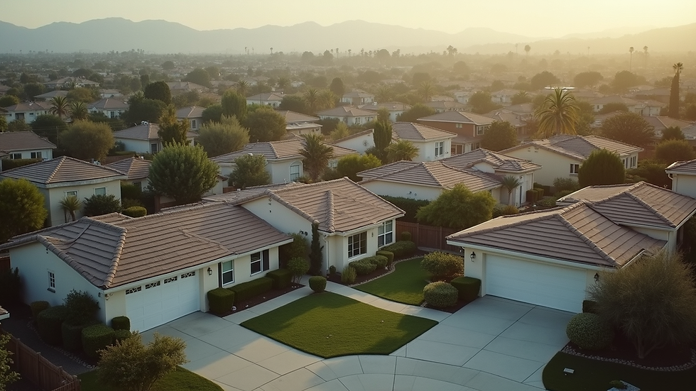 High angle view of a Southern California neighborhood with rental properties