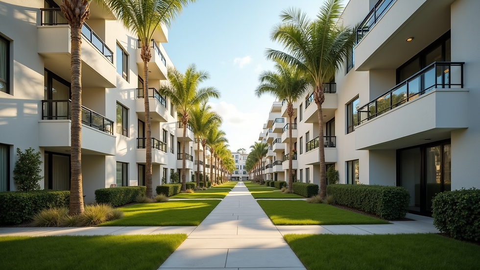 Eye-level view of a modern Southern California apartment complex with palm trees