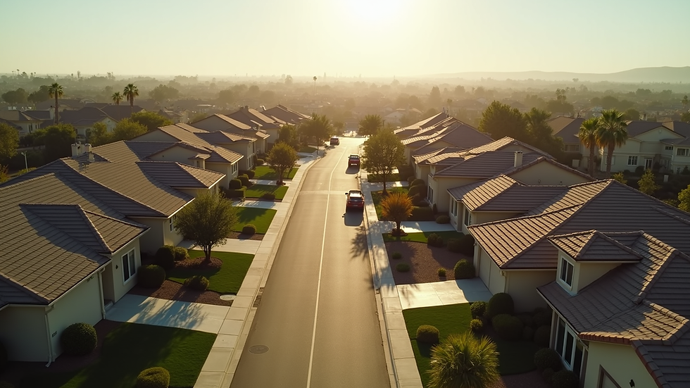 High angle view of a Southern California residential neighborhood with well-kept homes