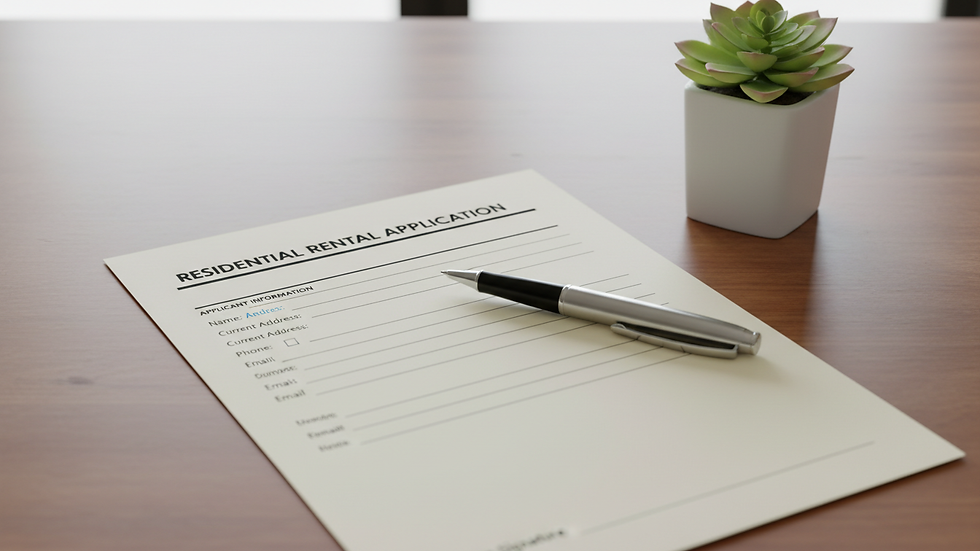 Close-up view of a rental application form and a pen on a desk