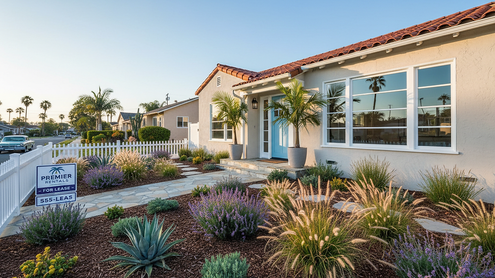 Eye-level view of a Southern California rental property with a well-maintained garden