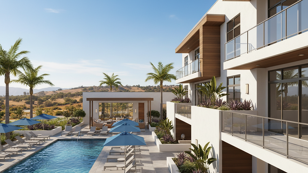 Eye-level view of a modern apartment complex in Southern California