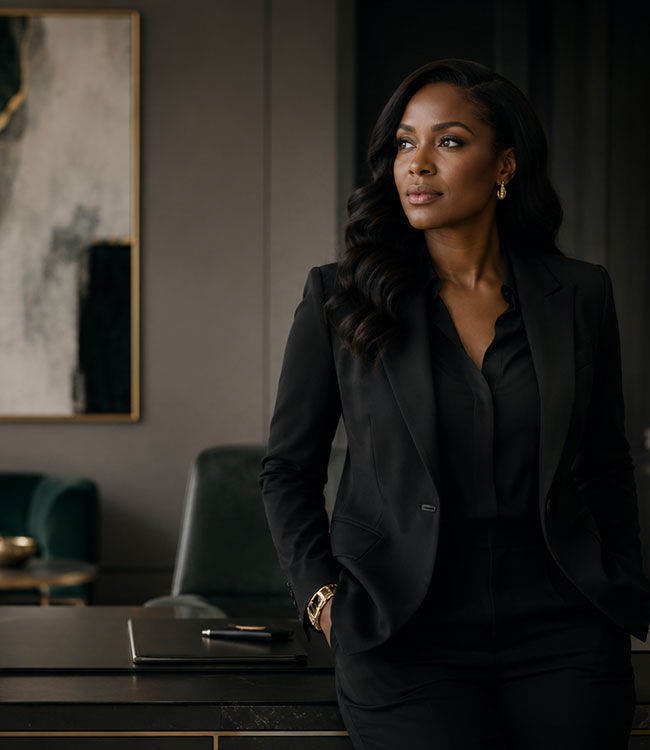 Executive woman in a sleek black suit standing in a modern office for Chief The Ambitious Woman