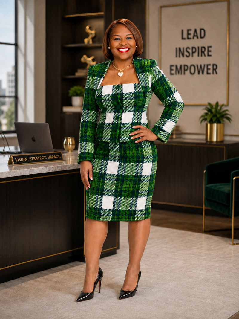 Margaret D. Finley, Founder of Chief The Ambitious Woman, standing in an executive office in a green plaid suit