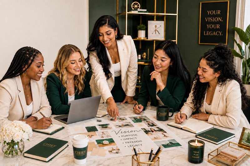 Women collaborating over a vision board with Chief The Ambitious Woman branded notebooks and materials