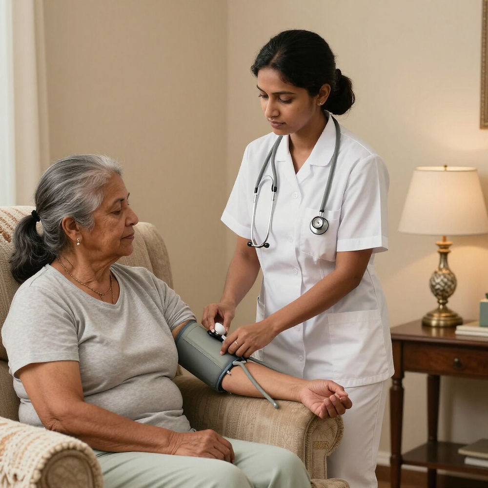 Nurse checking blood pressure for senior care