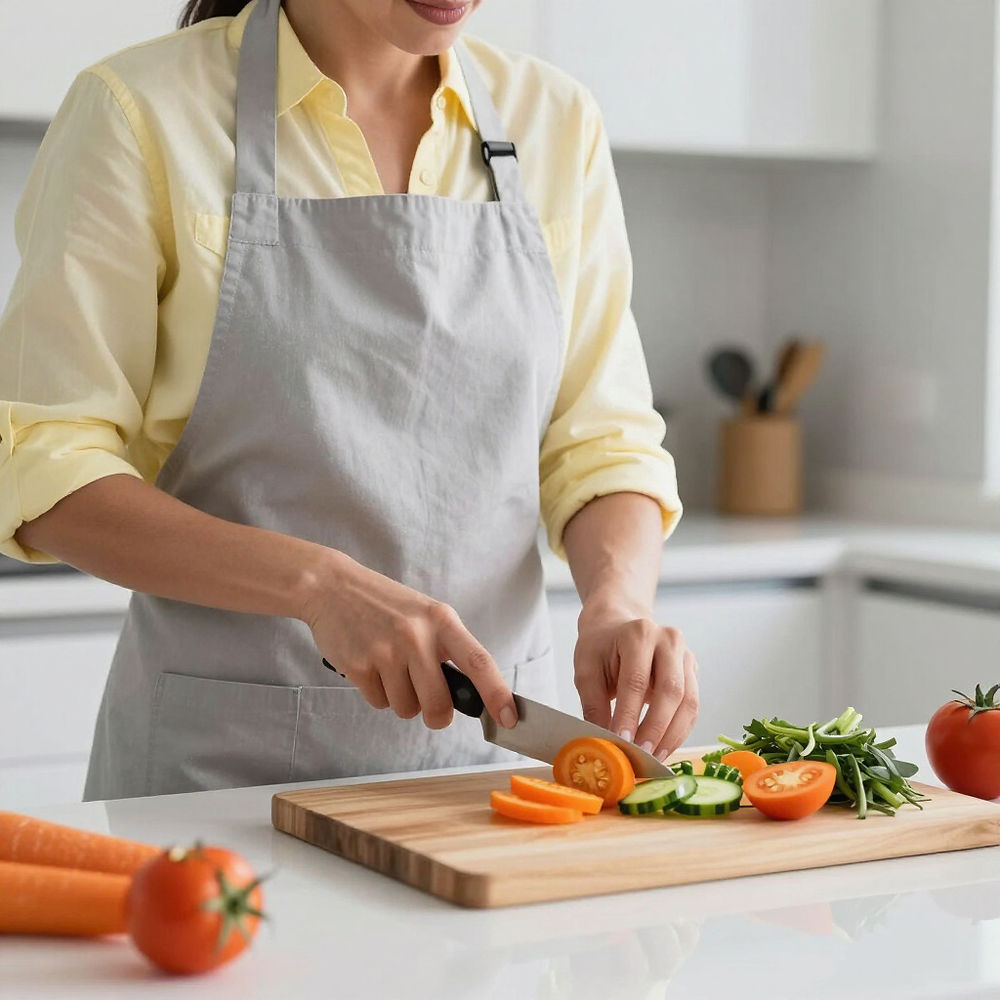 Person chopping tomatoes and cucumbers on a board