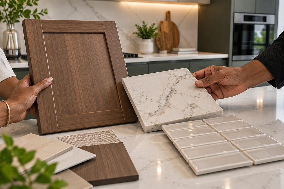 Cabinet finish, quartz countertop and backsplash tile samples being compared for a coordinated kitchen design