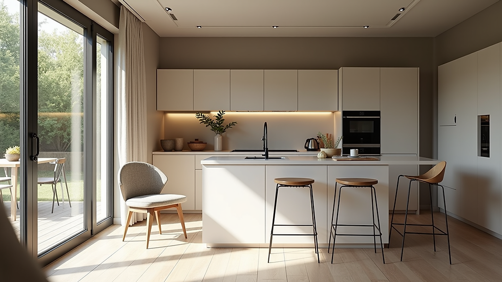 Vue latérale d'une cuisine ouverte rénovée avec mobilier moderne et lumière naturelle à Yvetot