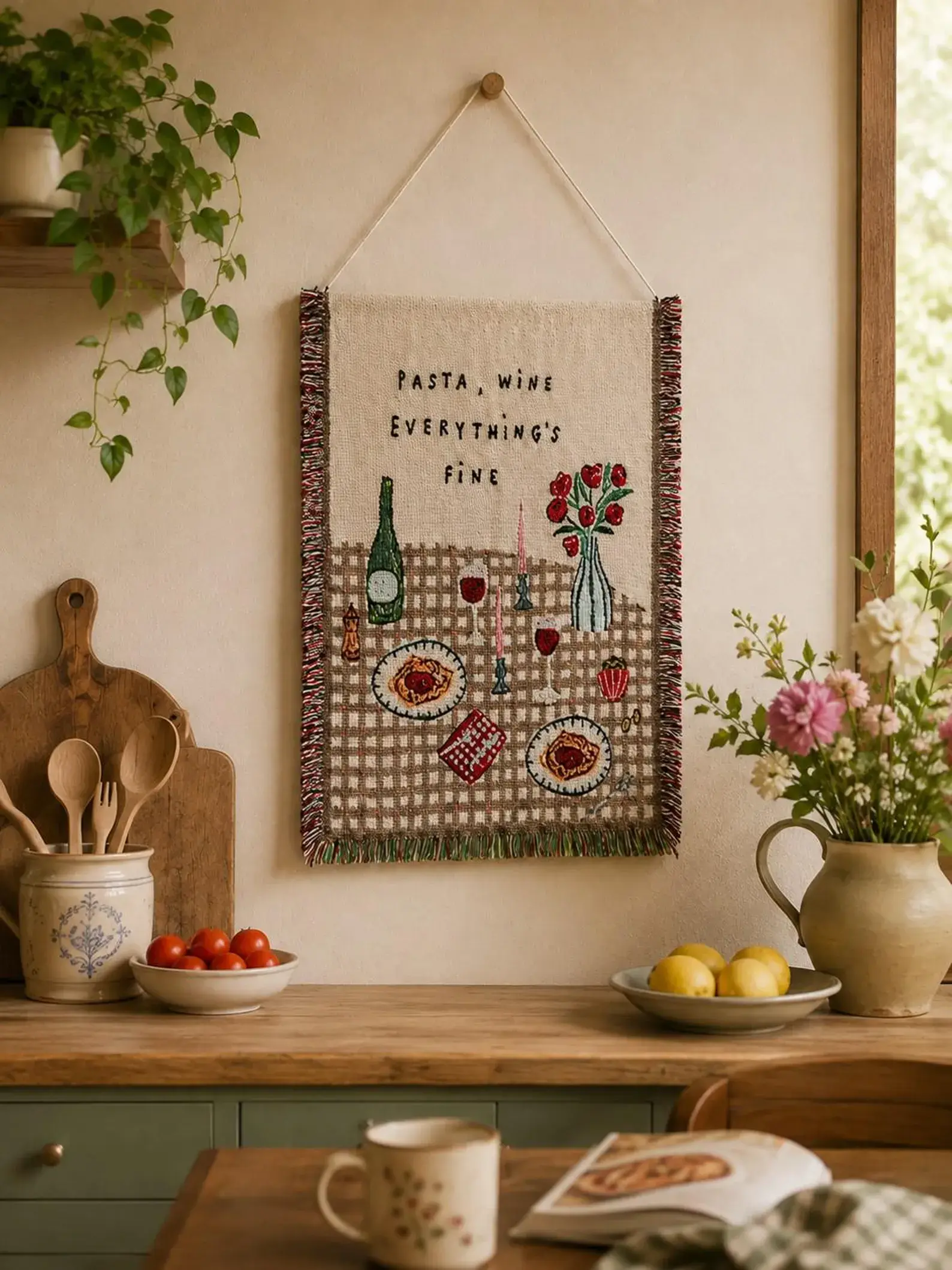 Italian Kitchen Wall Hanging Woven Tapestry Pasta Wine Decor Small Textile Wall