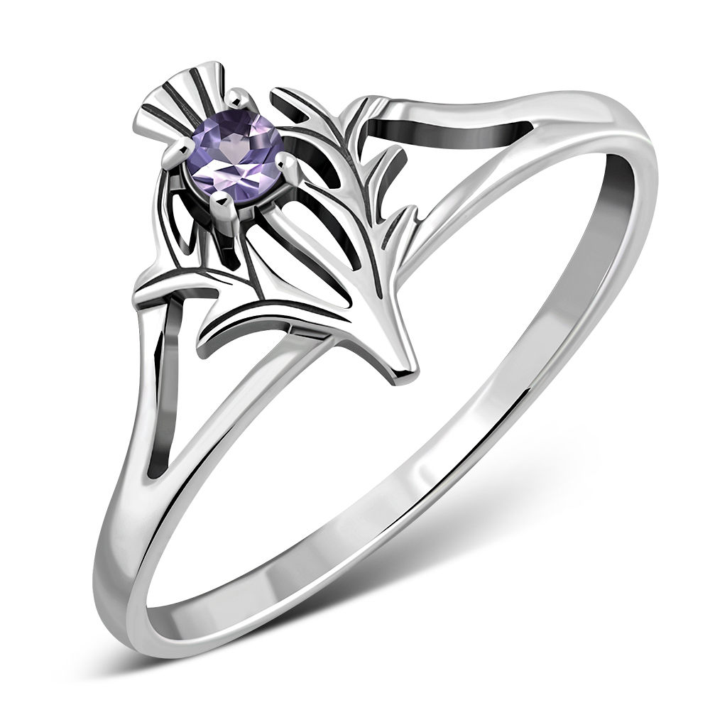 Amethyst Thistle Silver Ring