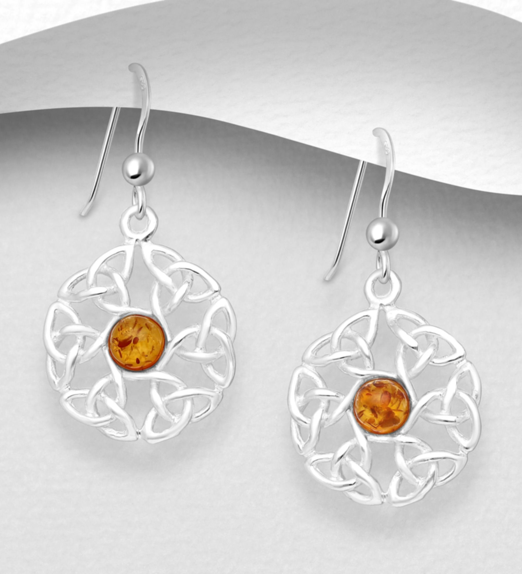 Multi Triquetra Celtic Amber Silver Earrings