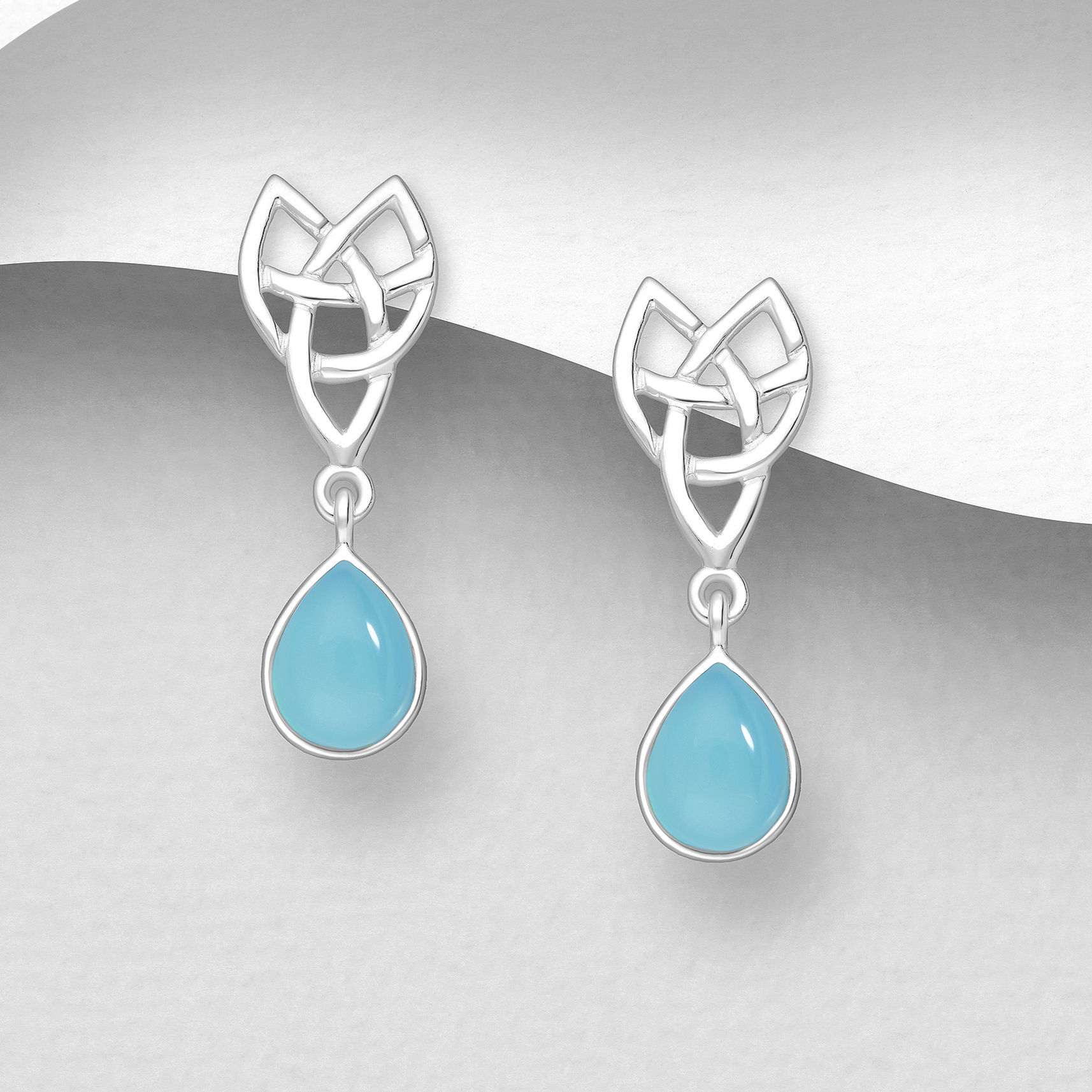 Silver Celtic Push-Back Earrings with Light Sky Blue Chalcedony