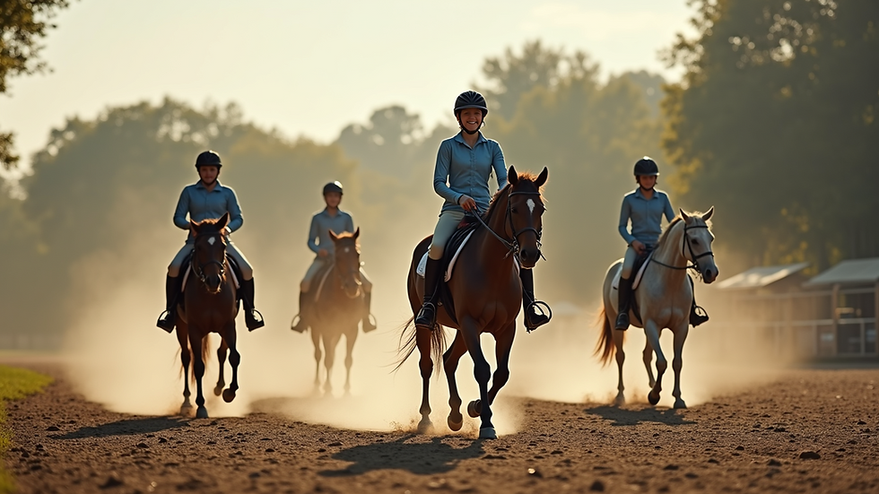 Wide angle view of a group riding lesson featuring different skill levels