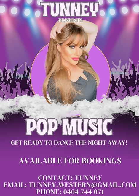 Tunney Western - attractive female with olive skin, blue eyes honey blonde hair promoting her POP singing show