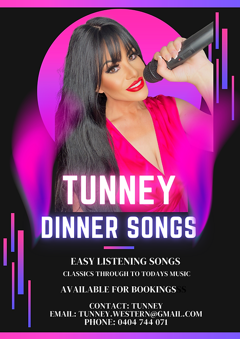 Tunney Western - attractive female with olive skin, blue eyes and dark features showing her contact details for Perth singer