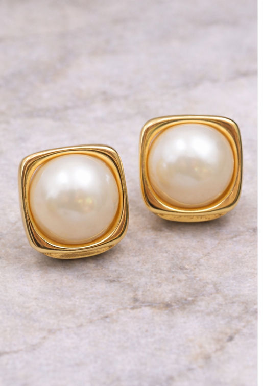 Thumbnail: Vintage Christian Dior Square Pearl Clip Earrings