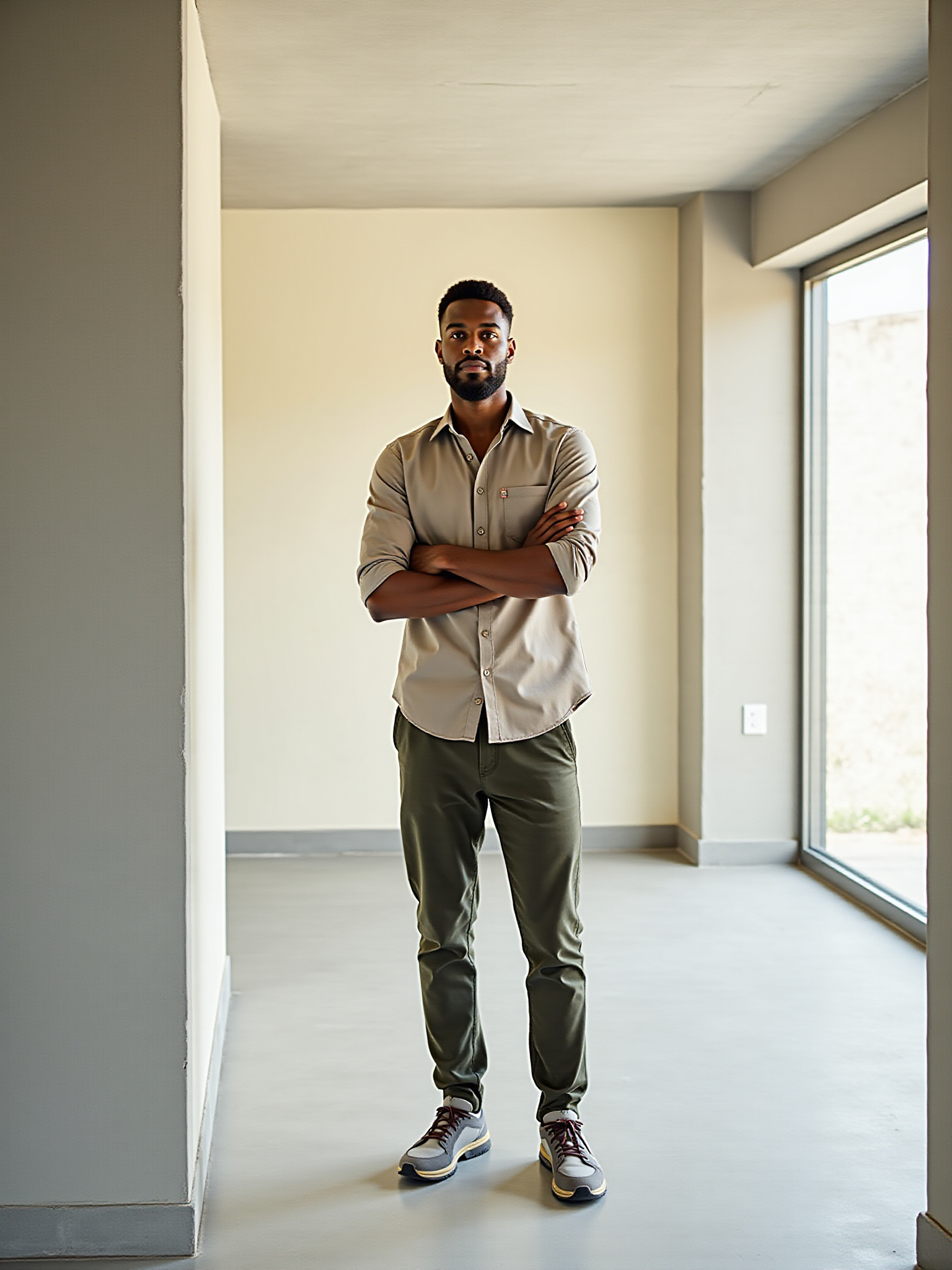 Man standing in renovated home, arms crossed