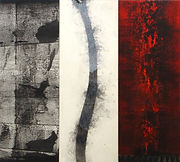 Black, cream white and red acrylic painting by artist Mark S. Thomas titled "A Devils Tale".