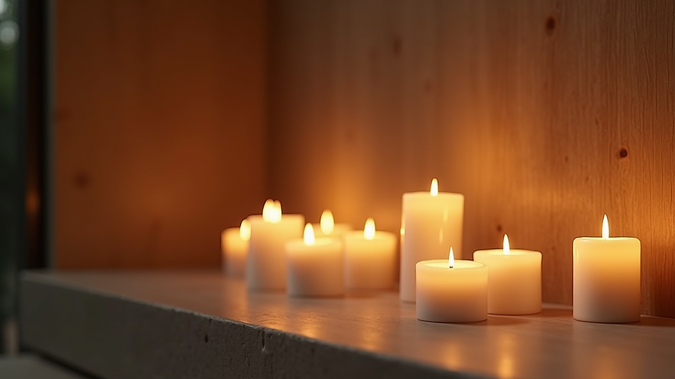 Close-up view of a serene meditation space with candles and soft lighting