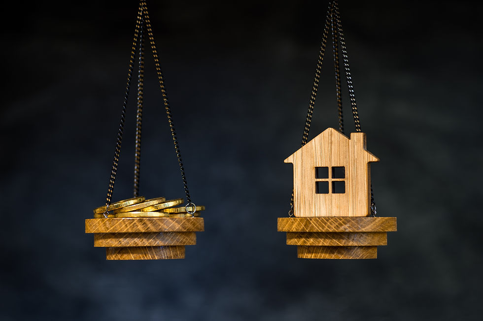 The scales with the coins and the home of the imitation of bamboo. The concept of purchasi
