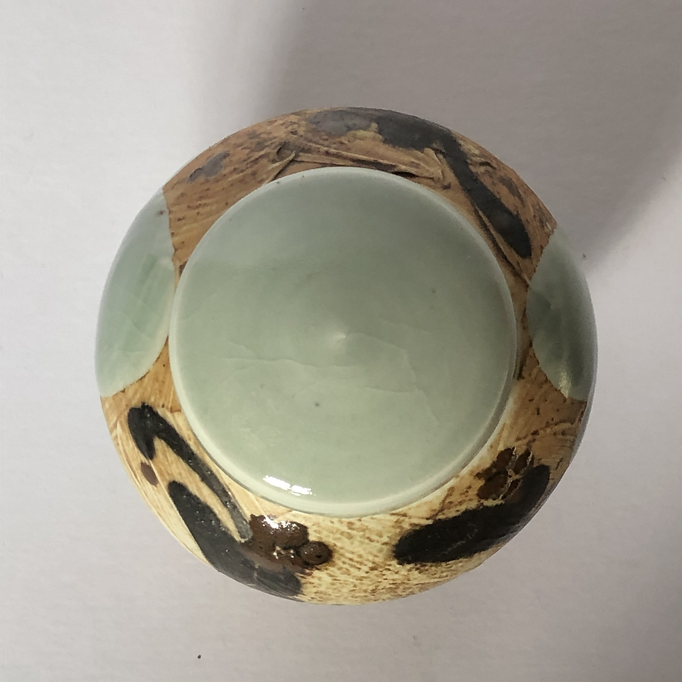 Thumbnail: Margaret Frith Ginger jar Decorated with a  poured glaze and floral  brushed motifs with highlights of  Tenmoku glaze.