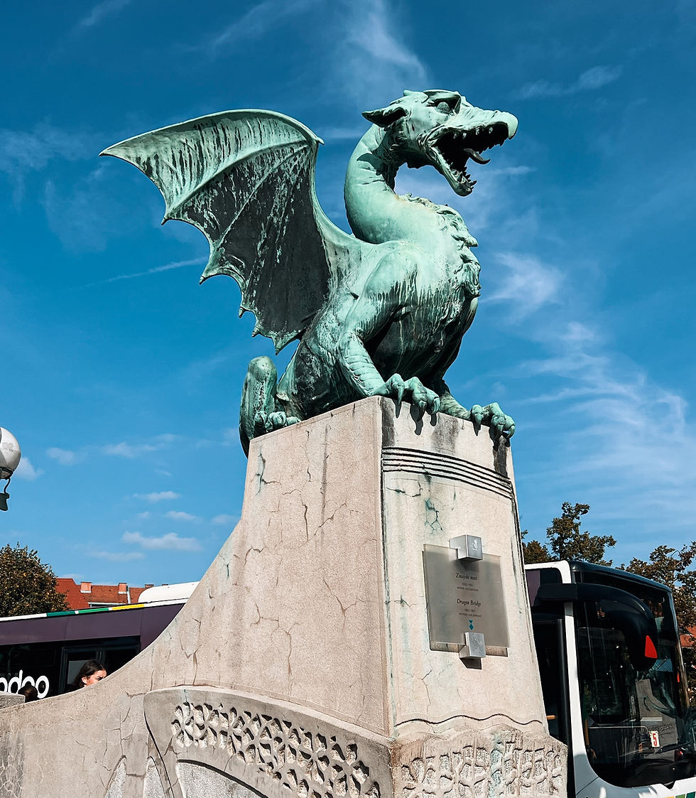 Bronze art deco sculpture of a dragon at Ljubljana's dragon bridge.