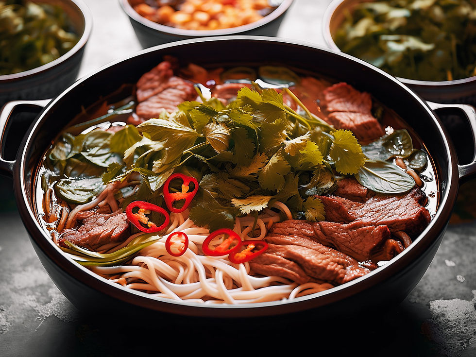 A bowl of pho with beef slices, noodles, red chili, and greens in a dark broth. Background shows blurred bowls with food. Rich, appetizing colors.
