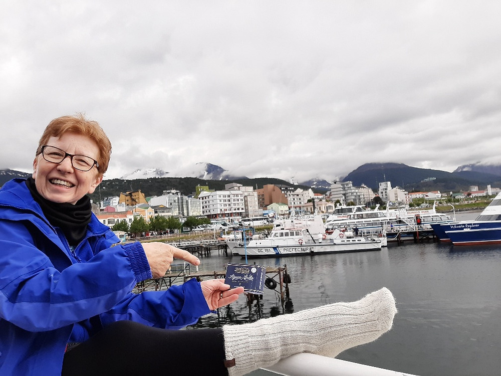 Anne with our JackSpeak Alpaca socks on in Ushuaia, Tierra Del Fuego, Argentina