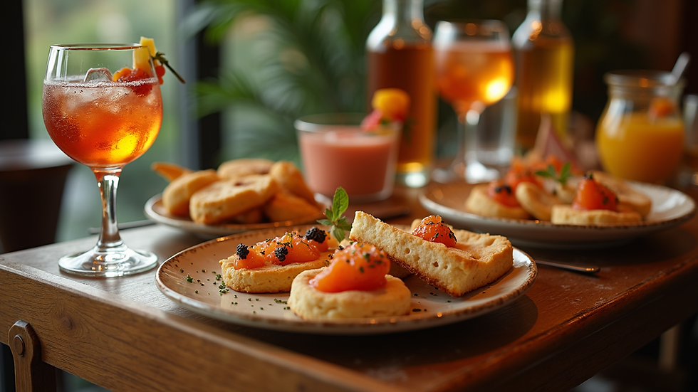 Eye-level view of a beautifully arranged bar cart with finger foods and drinks