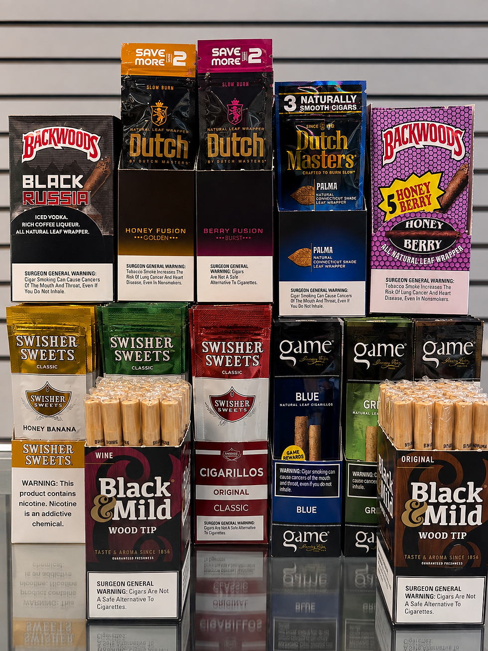Assortment of cigarillos and cigarettes at Neon Haze Smoke and Vape