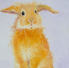 A standing gold rabbit painting on a pale violet background