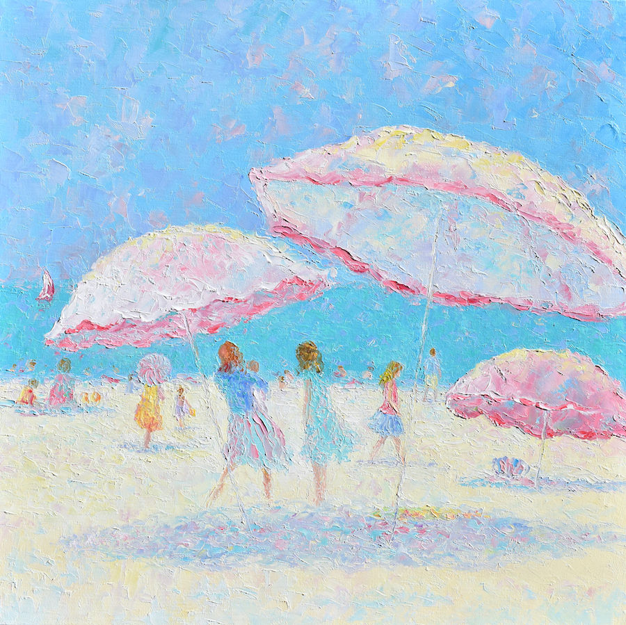 A beach painting which combines soft pastel shades of pink, blue, and gold to create a tranquil and enchanting scene. Colorful umbrellas dot the shoreline, adding a vibrant and cheerful touch to the composition. Underneath the umbrellas, young women can be seen engrossed in conversation, their flowing dresses caught in the wind, In the middle distance, people are leisurely strolling or relaxing.