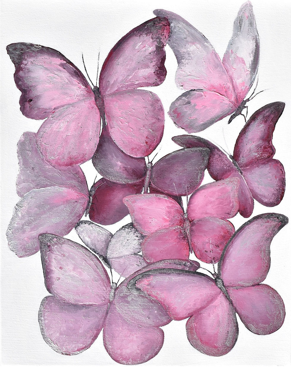 Painting of a cluster of overlapping butterflies in soft pale pink, rose, mauve and dusty plum, with shimmering silver edges and fine antennae, on a plain white background.