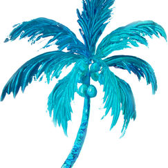 Painting of a single turquoise green coconut palm tree on white background.