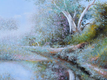 An Australian landscape painting with gum trees reflected in the creek. 