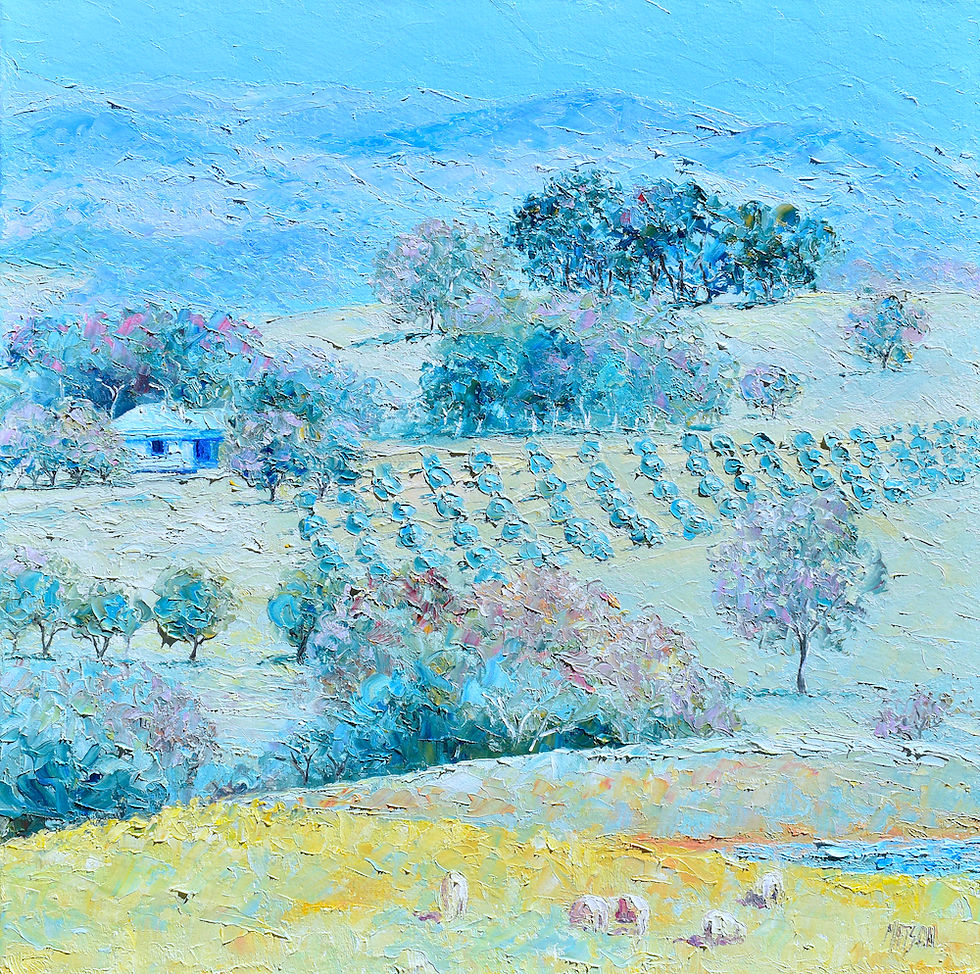 A textured landscape painting with distant blue hills, a farm house, vineyards and grazing sheep.