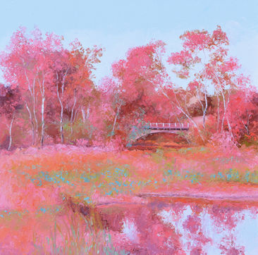 Impressionist oil painting of a landscape in shades of pink.