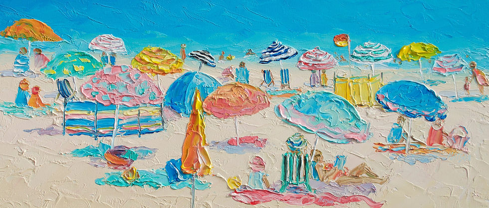 Wide oil painting of a sunny beach crowded with thickly painted umbrellas in turquoise, coral, yellow, pink and blue, striped deck chairs, small figures on pale sand, and a bright turquoise sea under a clear sky.