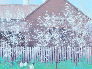 Oil painting of an Australian farmhouse in spring. There is a white picket fence and hens scratching about in the grass.